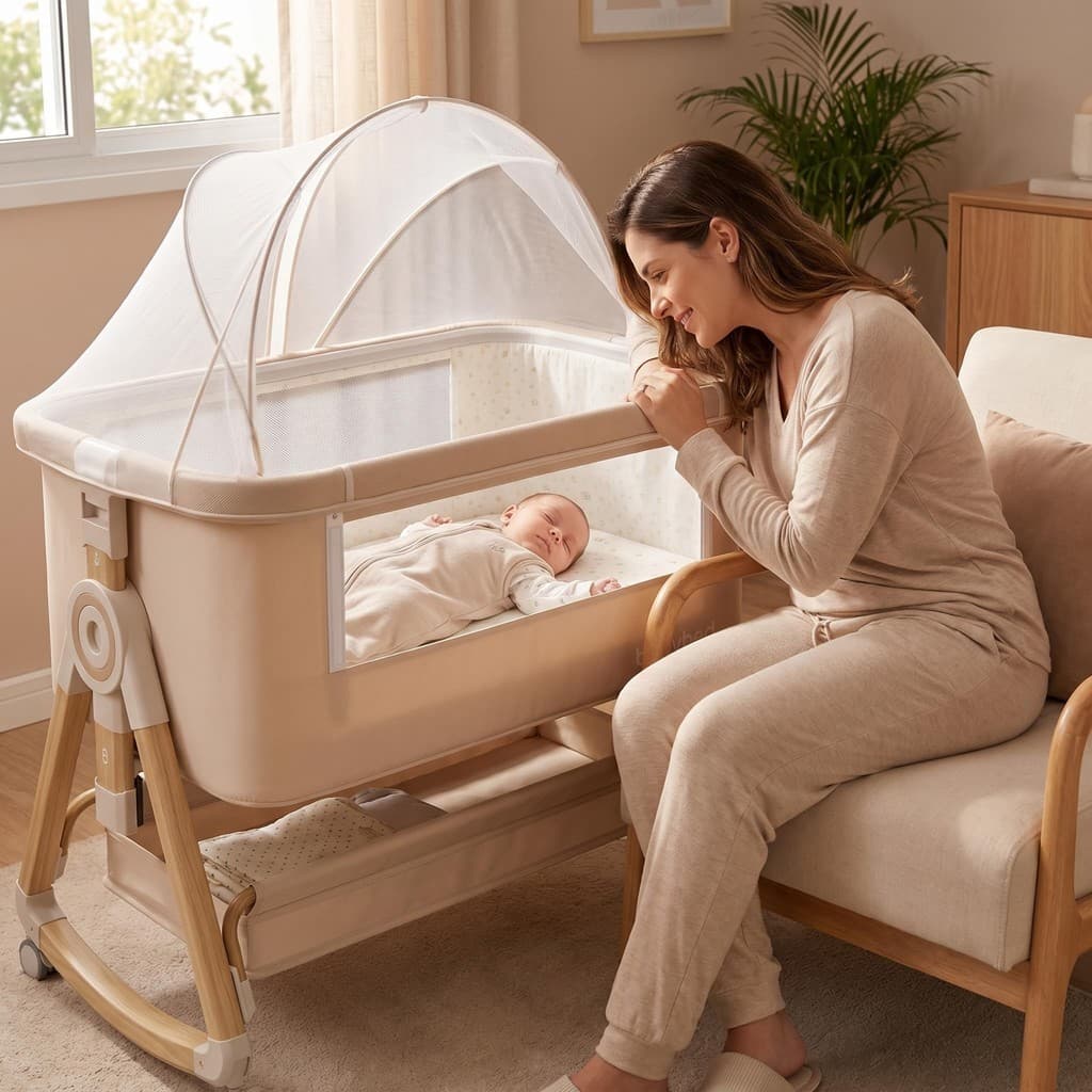 Berço Portátil Multifuncional Bebê Balanço com Mosquiteiro Colchão Ortopédico Látex e Fibra de Coco