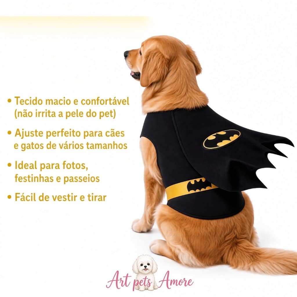 Fantasia Batman Pet Com Capa para Cães e Gatos - Roupa Super Herói Halloween