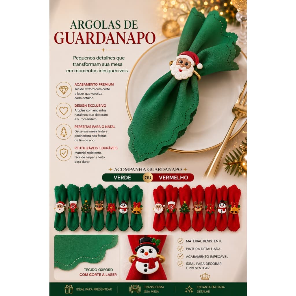 Kit Mesa Posta Argola + Guardanapo Natal | Anel Mesa Posta Natalina Decoração Mesa Posta de Natal Kit Anel + Guardanapo