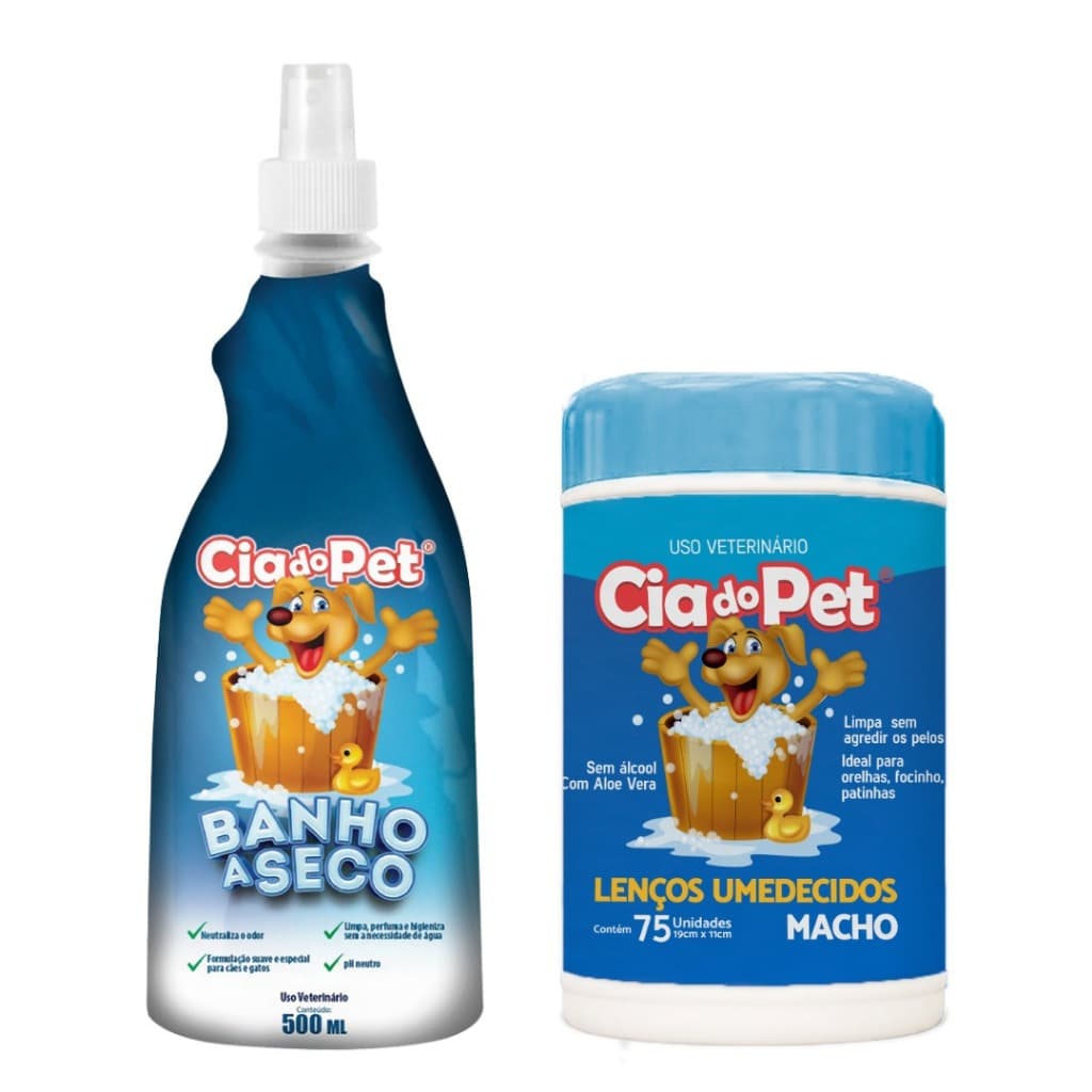 Kit Banho a Seco 500ml + Lenço Umedecido para Cães e Gatos Banho Sem Enxágue Cia do Pet