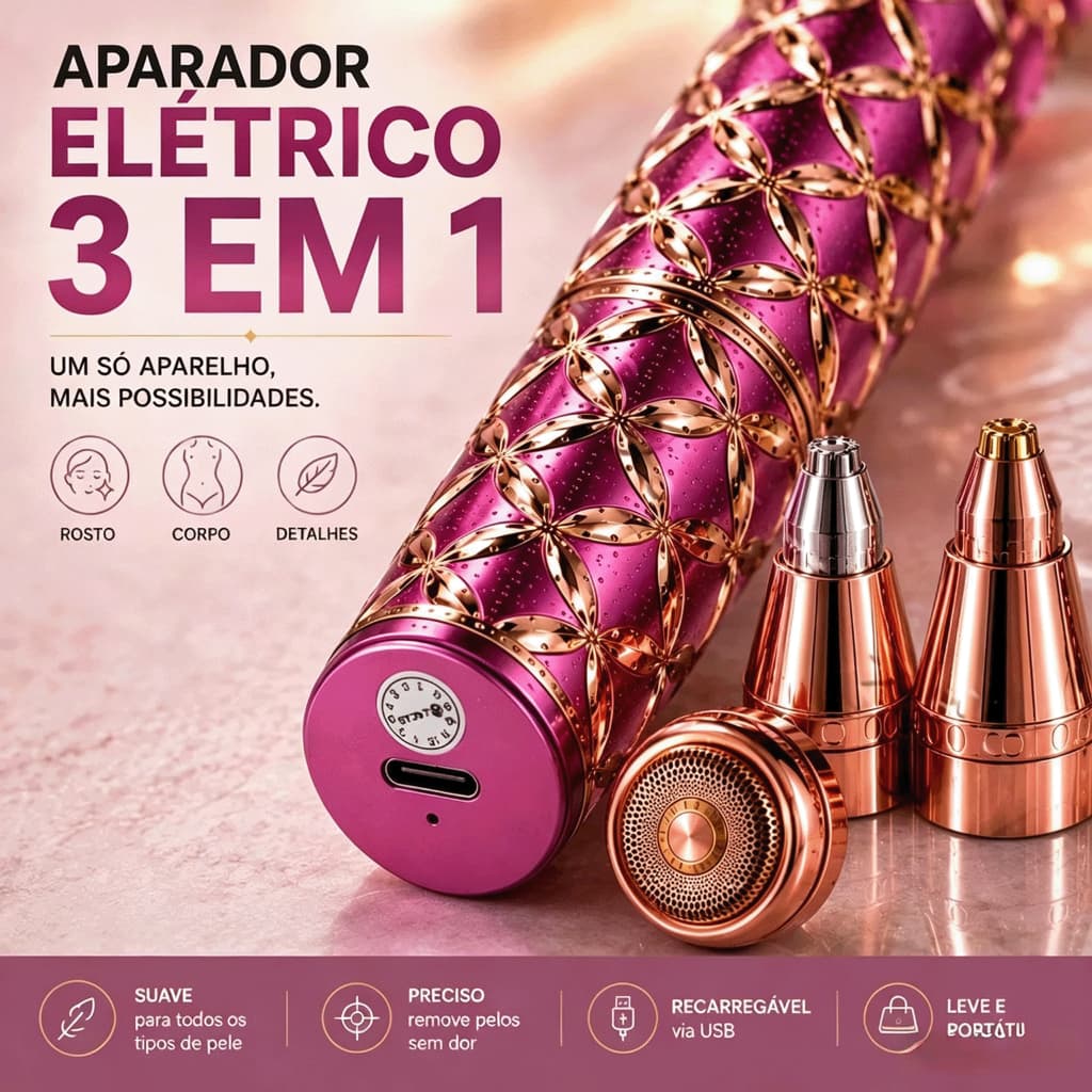 Barbeador Elétrico Feminino 3 Em 1 Depilador Aparador Corpo Íntimo Facial Nariz USB Recarregável