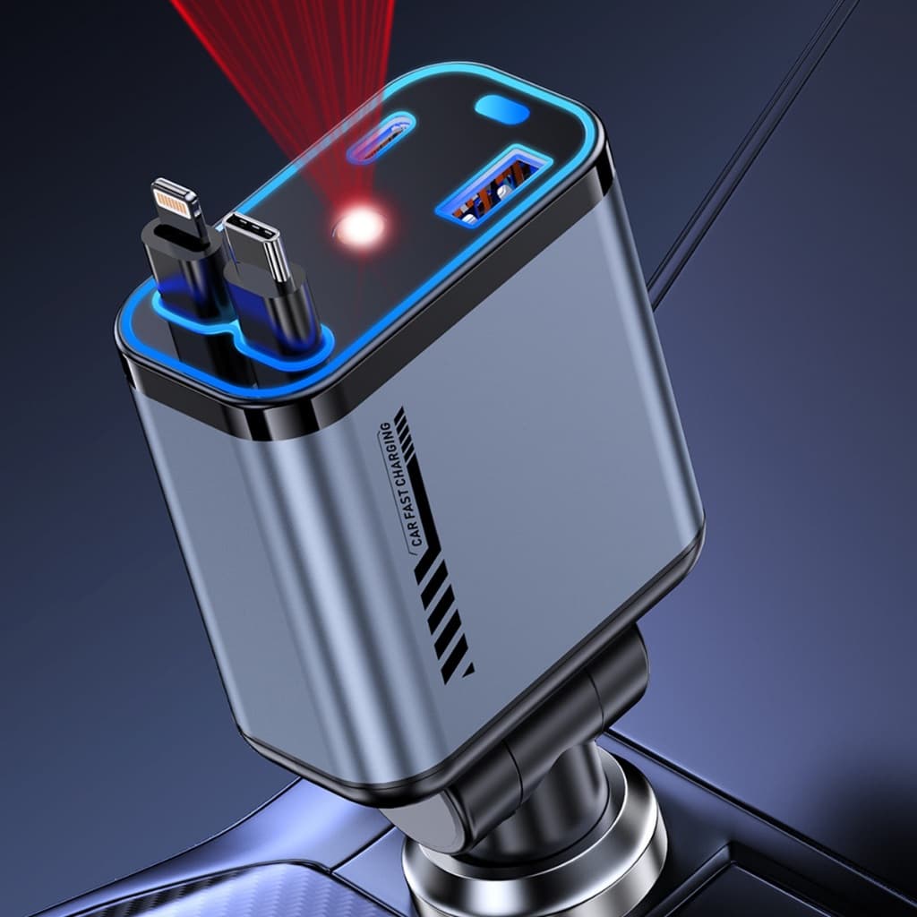 Carregador de carro retrátil com luz LED, carregador de carro rápido 4 em 1 de 120 W para iPhone e Android