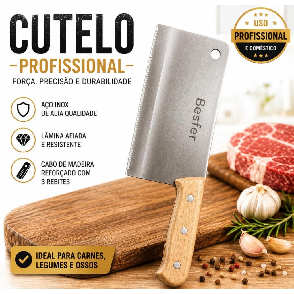 Cutelo Profissional 8" Tipo Artesanal Aço Manganes 30cm com Cabo Madeira Full Tang Bestfer