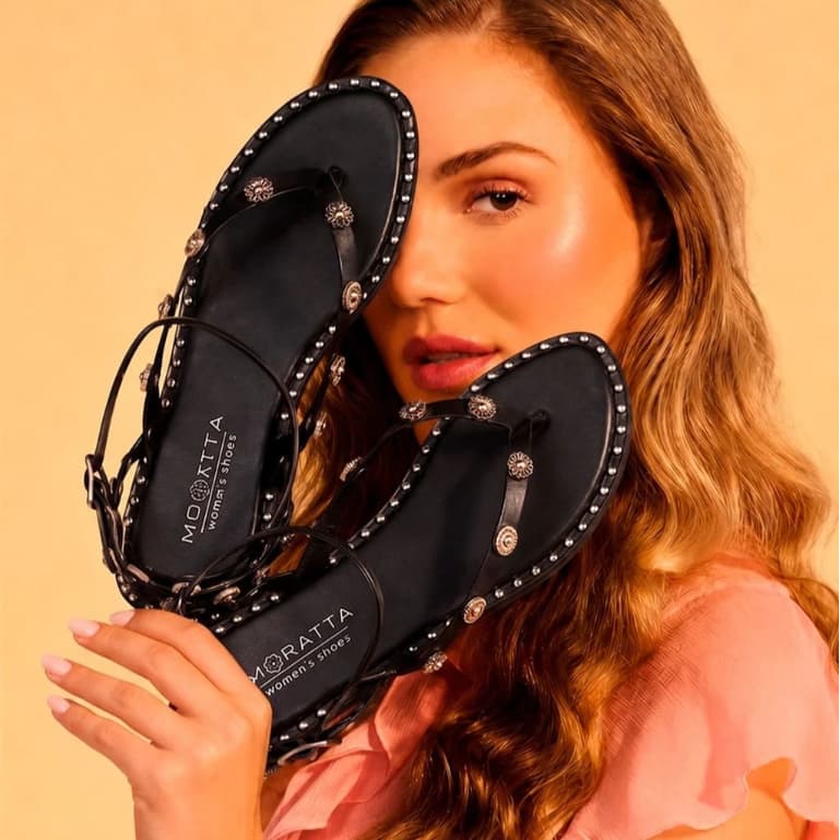 Sandália Feminina Flat Spikes Cravejada Moderna Estilosa Couro Sintético Premium Antiderrapante