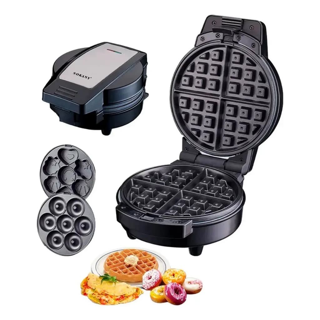Máquina 3 em 1 Waffle Donuts Bolinhos Elétrica Antiaderente Waffleira Rosquinha