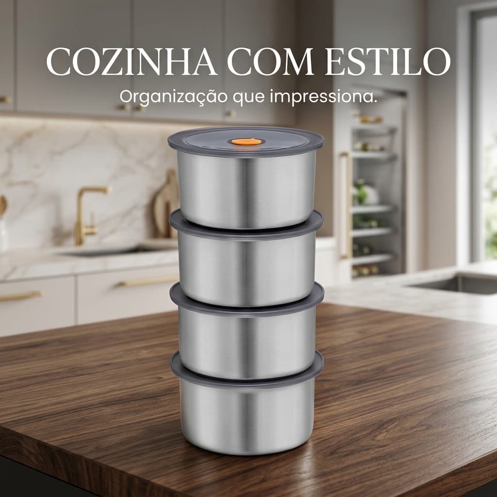 Conjunto 4 Potes Herméticos Inox 450ml Redondos com Tampa para Alimentos Marmita