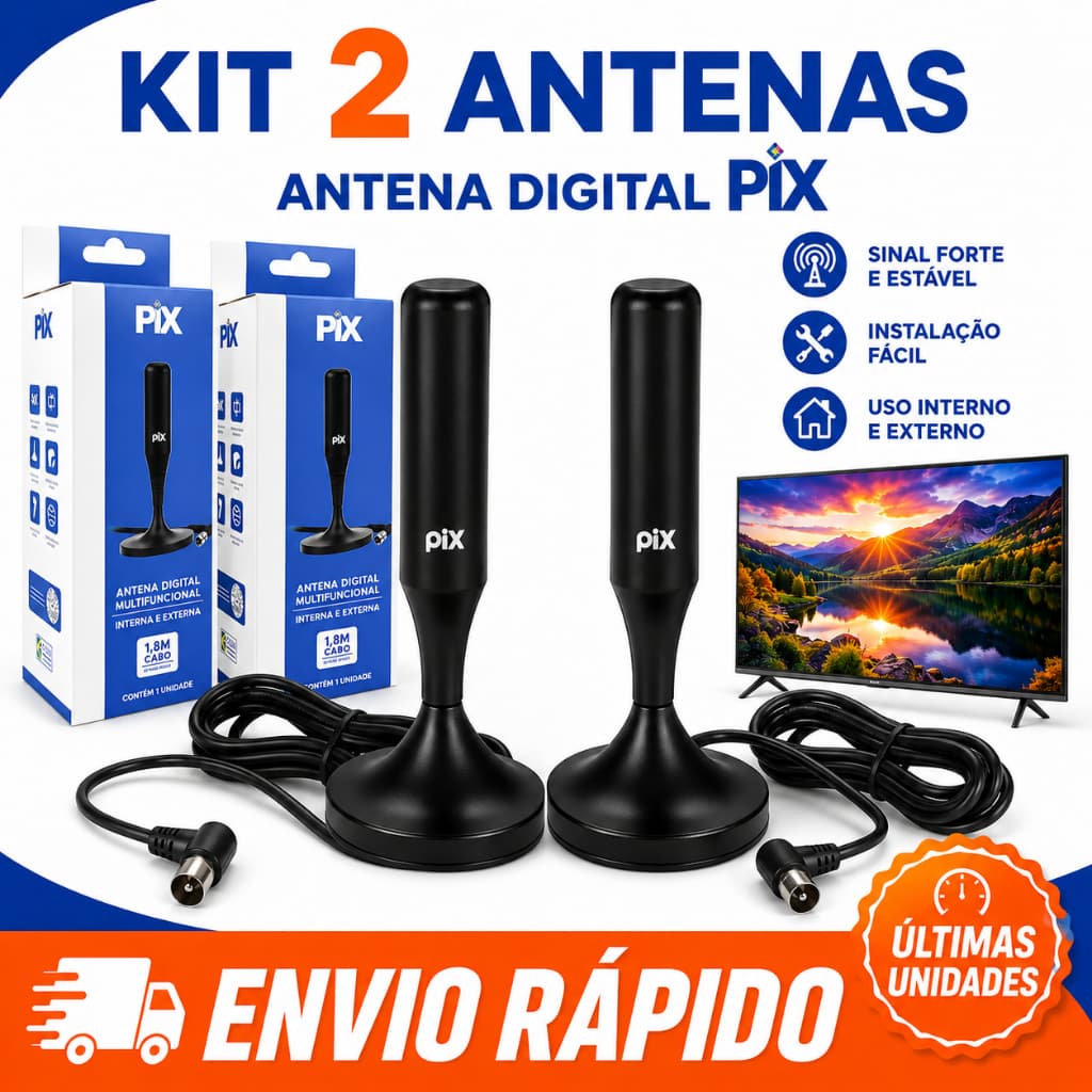 Kit 2 Antena Digital PIX 4K UHD Full HD Amplificada Interna e Externa Imagem em Alta Definição e base Magnética