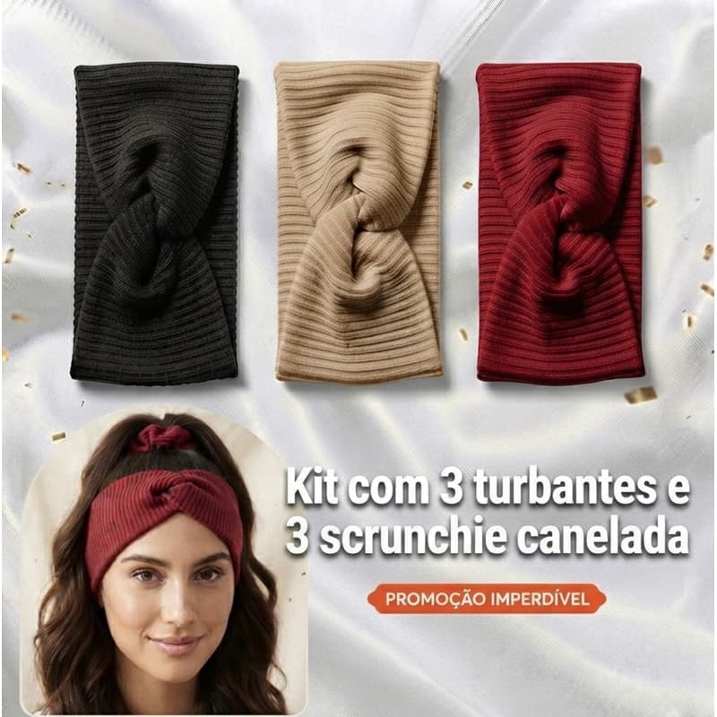 Kit 3 Turbante Feminino + 3 Scrunchie Xuxinha Canelado Tendência