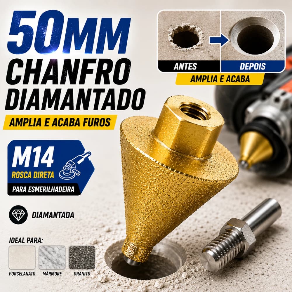 Broca Diamantada M14 50mm para Chanfro - Cônica com Rosca para Esmerilhadeira e Mármore