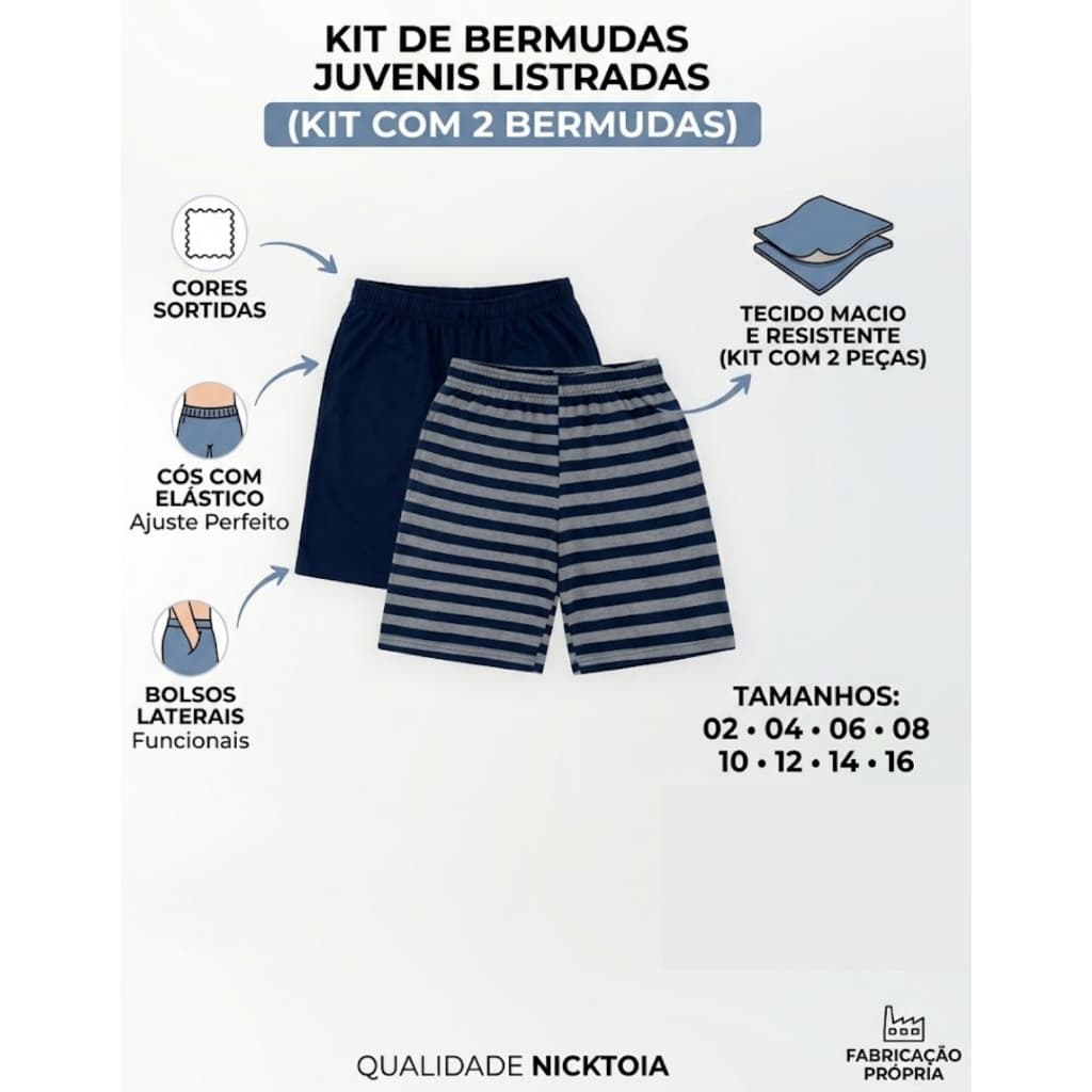 Kit 2 Bermudas Infantil Juvenil Masculina Listrada