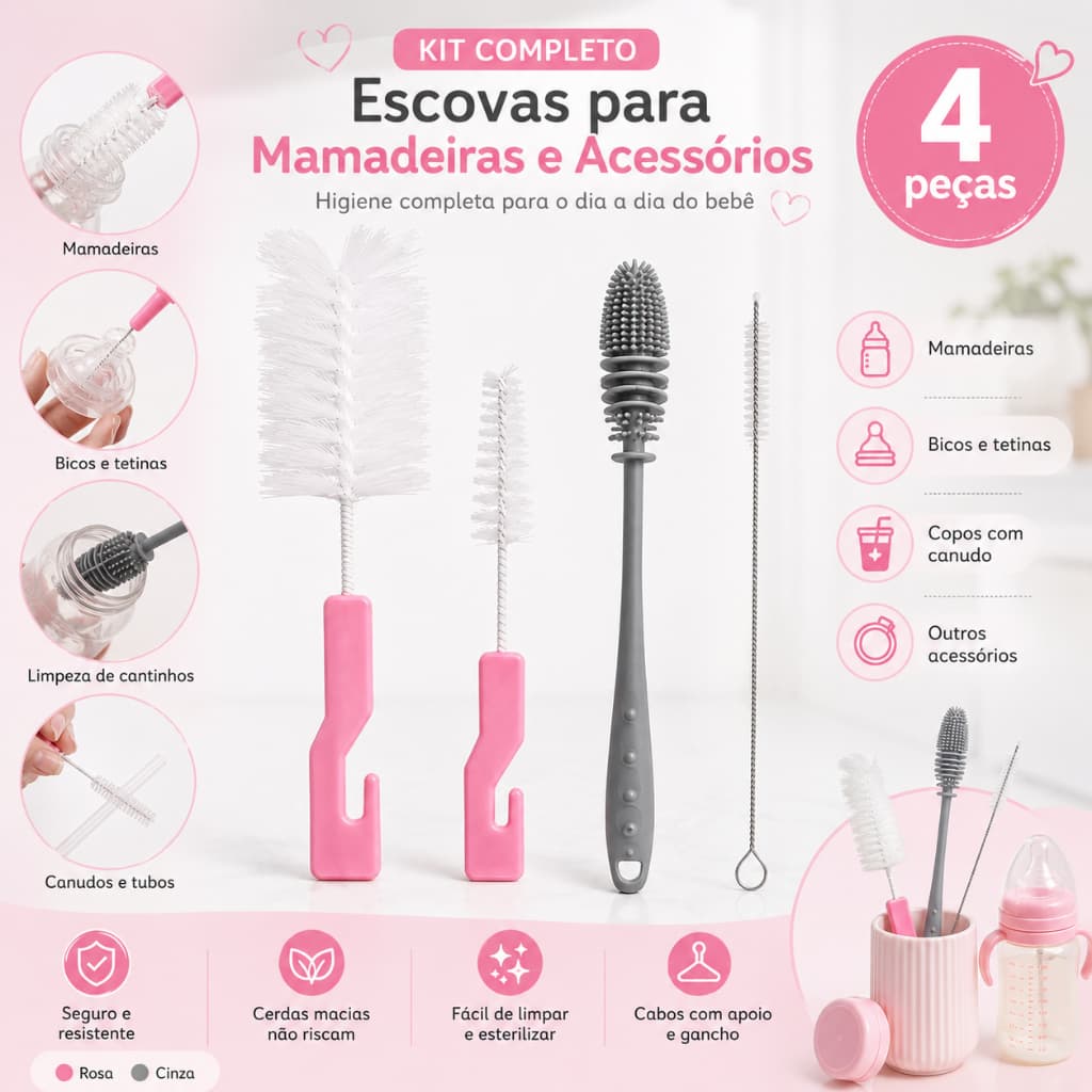 Kit 4 Escova Mamadeira - Silicone Escova Bico Canudo Garrafa Bebê