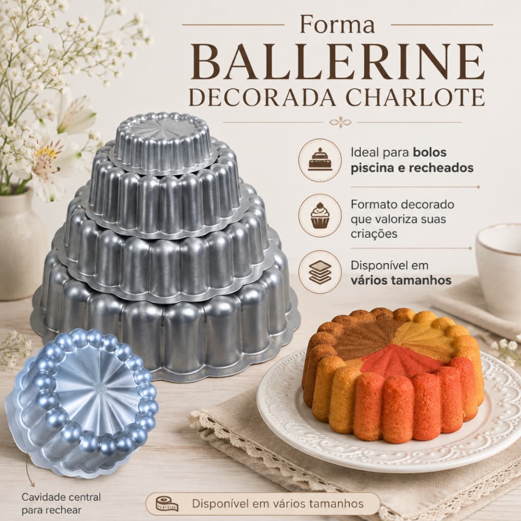 Assadeira Forma Ballerine Charlote Escolha Tamanho Caparroz Alumínio Bolo Piscina Recheado Decorado Confeitaria