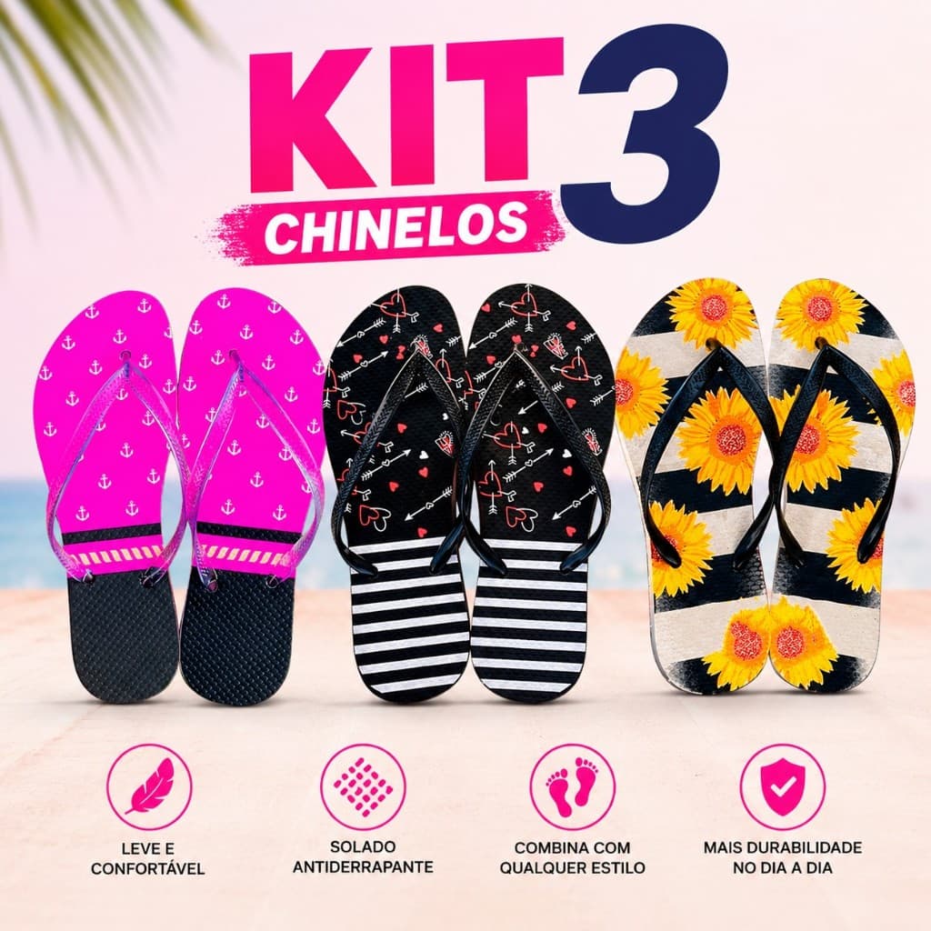 Kit Com 3 Pares de Chinelo Feminino Sandálias De Dedo Slim Moda Praia