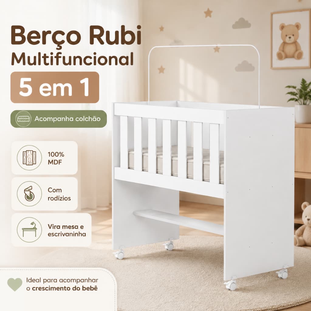Berço Rubi Tigus Baby Multifuncional 5 em 1 com Colchão e Rodízios