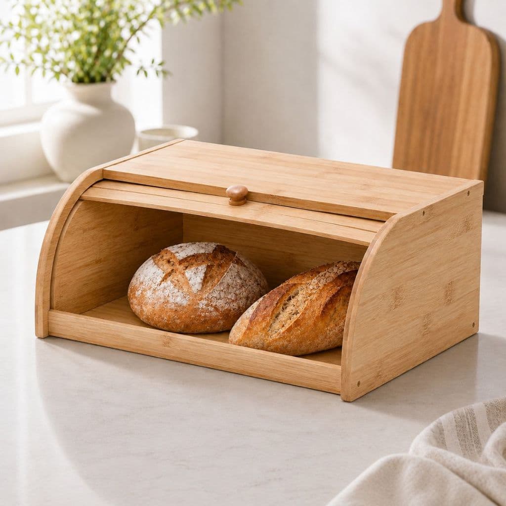 Porta Pão Bambu Cozinha Com Tampa Retrátil Armazenamento De Pães Bolachas