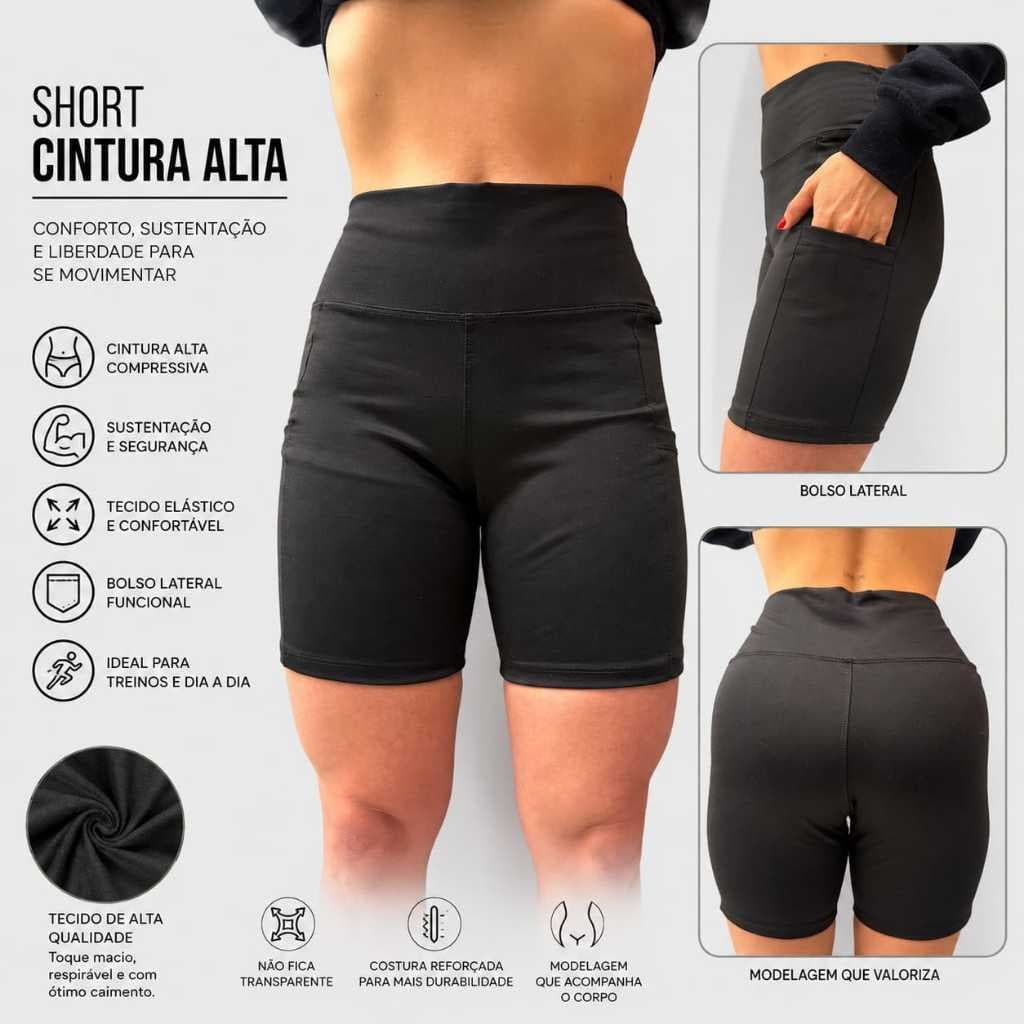 Short Feminino Fitness Cintura Alta Com Bolso Lateral Academia Treino Corrida Crossfit