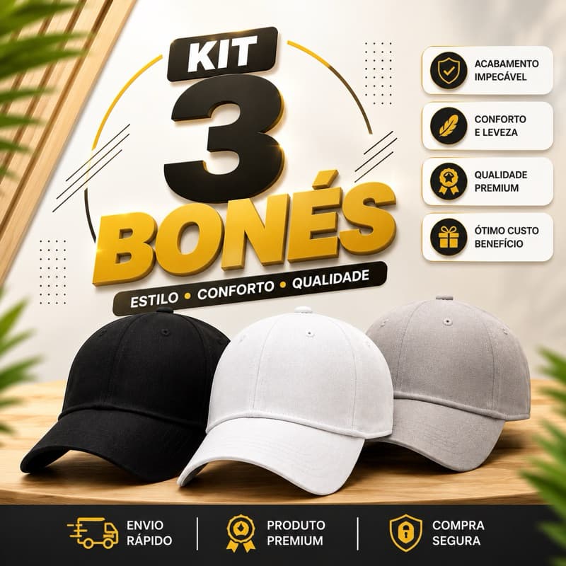Kit 3 Bonés Liso Básico Adulto Aba Curva Masculino e Feminino