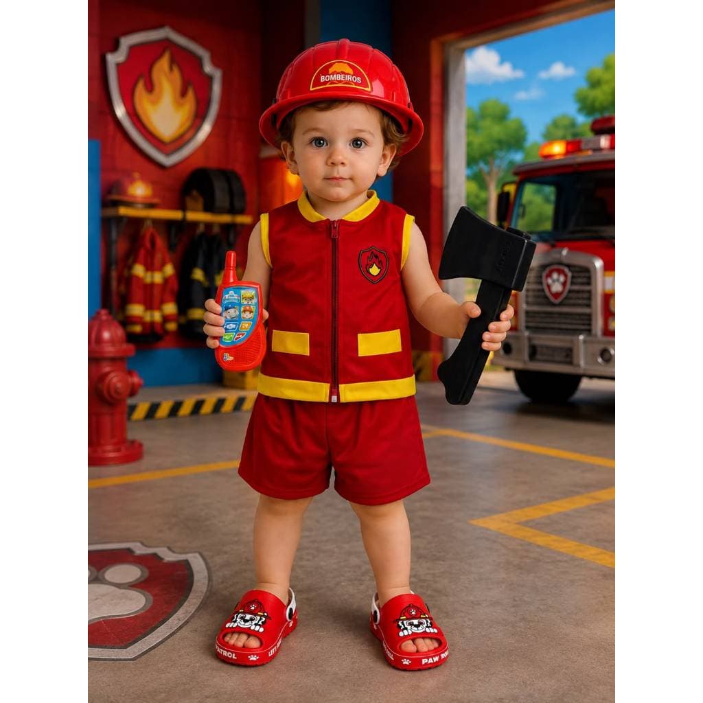 Kit Fantasia Infantil Marshall + Brinquedo + Sandália Patrulha Canina Roupa Conjunto Sapato Leve e Confortável