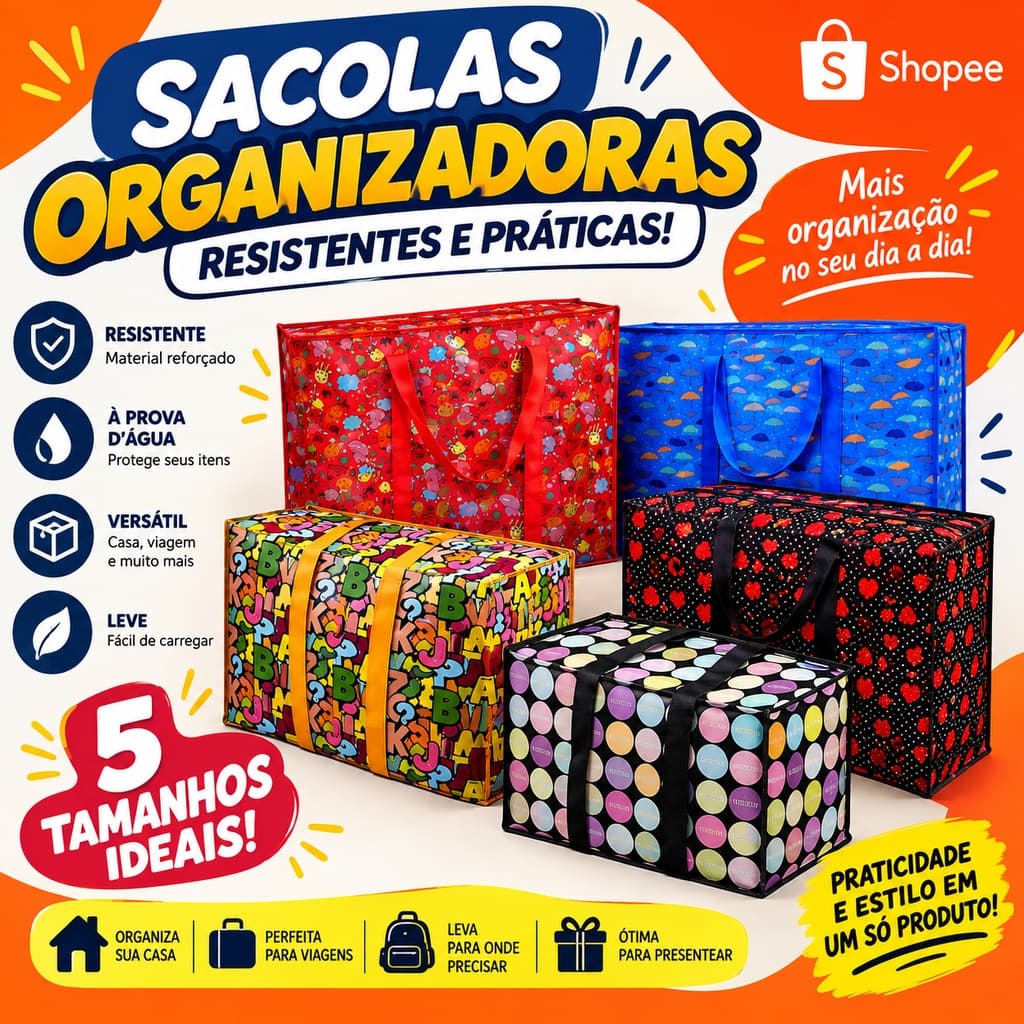 Sacola de Feira Grande Zíper Impermeável Sacoleira Ziper Resistente - Viagens Compras Estampas Sortidas