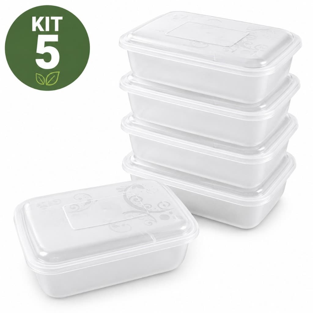 Kit 5 Potes Plástico 1.5 Litro Transparente Marmita Fit Microondas Fitness Cozinha Saladas Comida