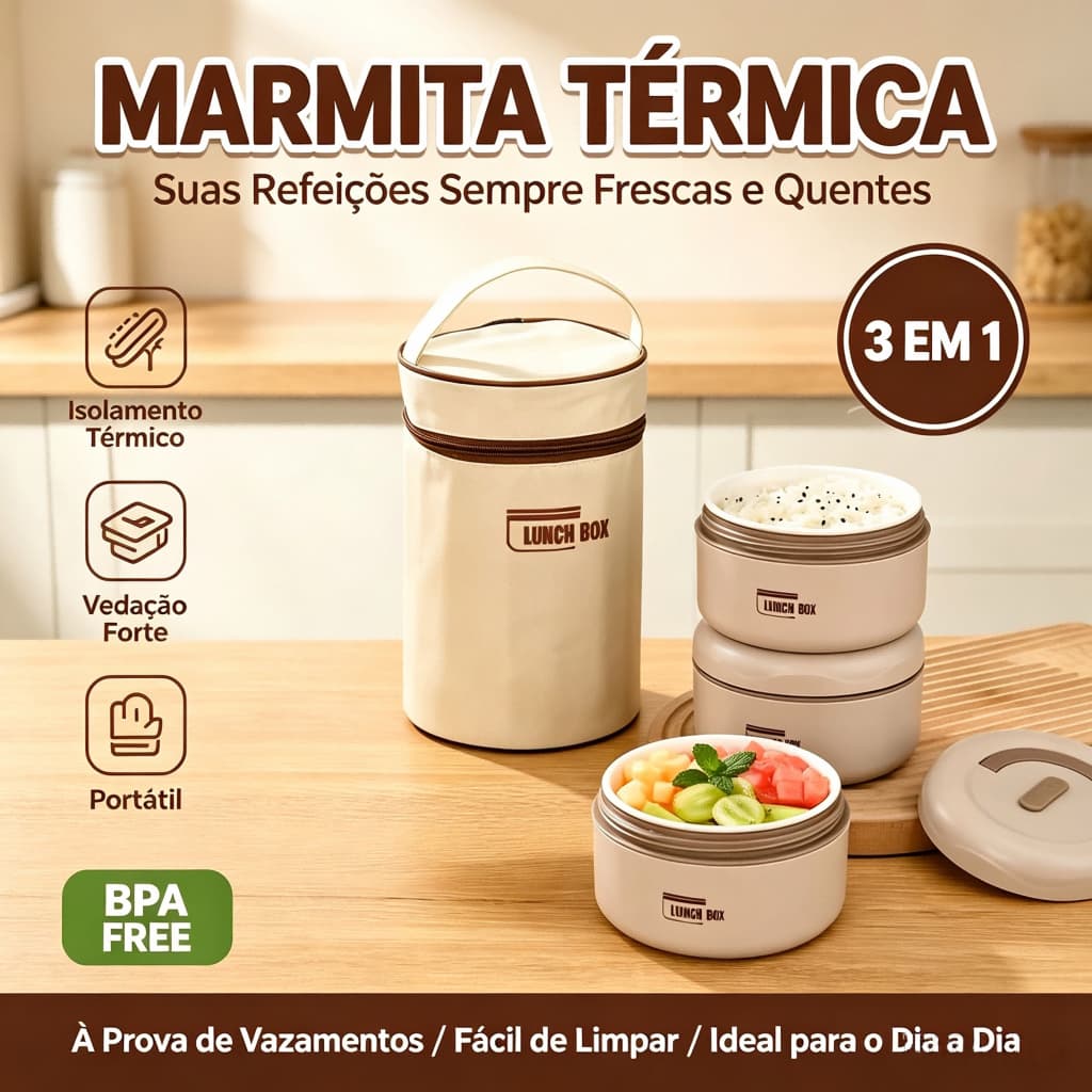 Lancheira Térmica 3 Peças Aço Inox 316, 400ml+400ml+600ml, Apto Micro-ondas, com Bolsa Térmica e Talheres