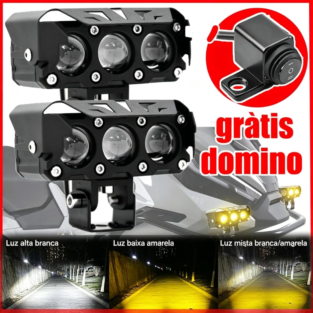 Farol Auxiliar LED 3 Lentes 30W Dupla Cor Branco Amarelo IP67 9-50V | Universal Moto Carro
