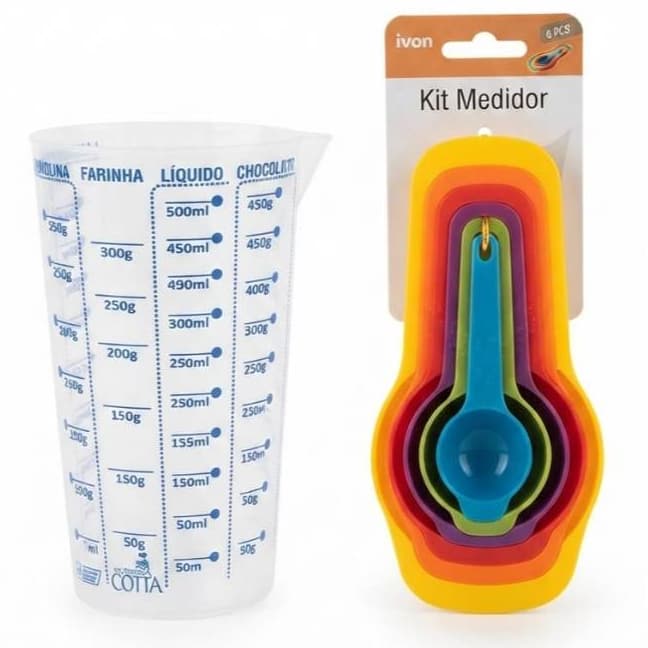 KIT MEDIDOR 06 COLHERES ML + 1 COPO MEDIDOR 500 ML PARA RECEITAS