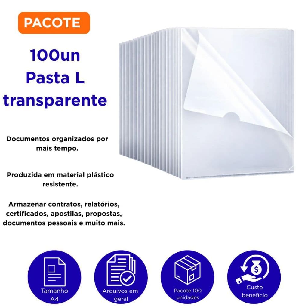 PASTA L TRANSPARENTE PACOTE C/ 100 UNIDADES