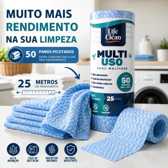 Pano Tipo Perfex Multiuso Rolo 28cm x 50cm - Life Clean C/50un
