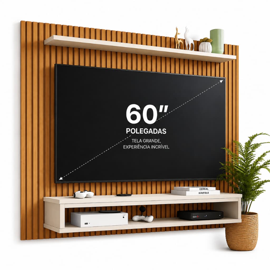Painel para TVs até 60 Polegadas Com Home Suspenso Ripado 3D - Prateleira e Nicho Moderno Rack para Sala e Quarto
