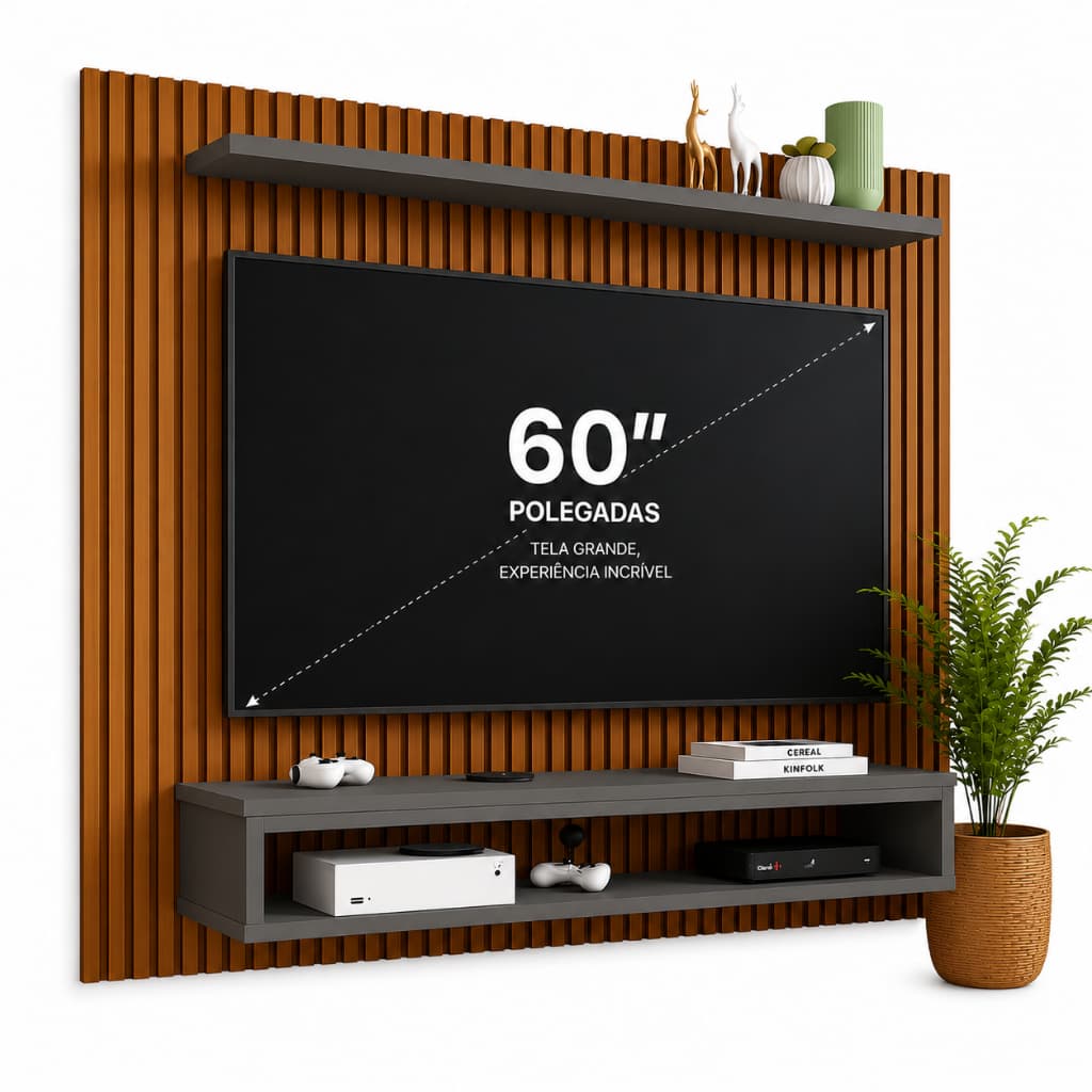OFERTA RELÂMPAGO! Painel Home para TV até 60 Polegadas Ripado Suspenso com Nichos e Prateleira Moderna