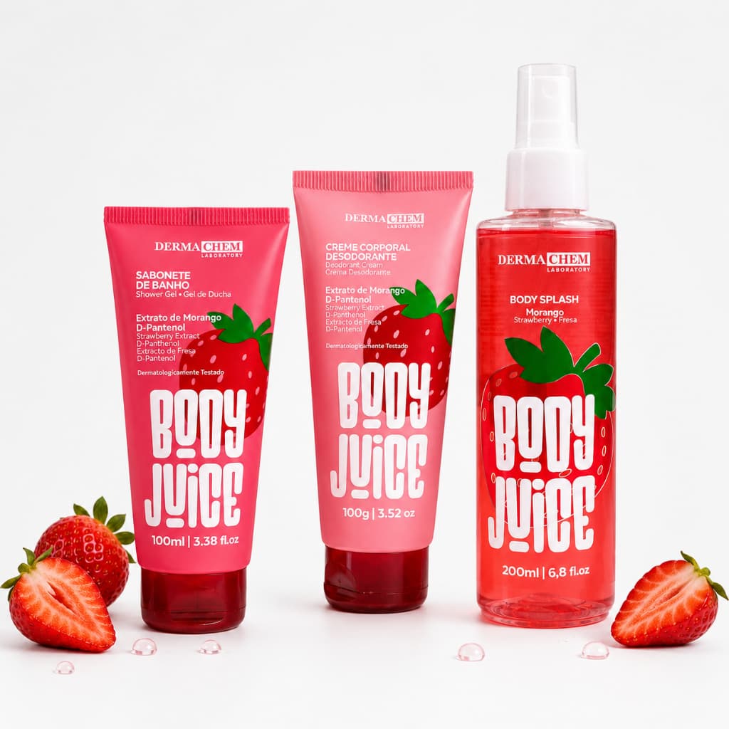 Kit Corporal Body Juice Morango Dermachem Body Splash 200ml + Hidratante 100g + Sabonete Líquido 100ml