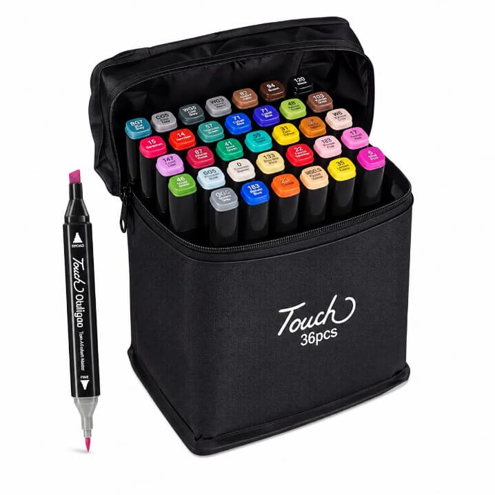 Kit 36 Canetas Touch Marcadoras 2 Pontas com Estojo para Desenho, Arte e Lettering