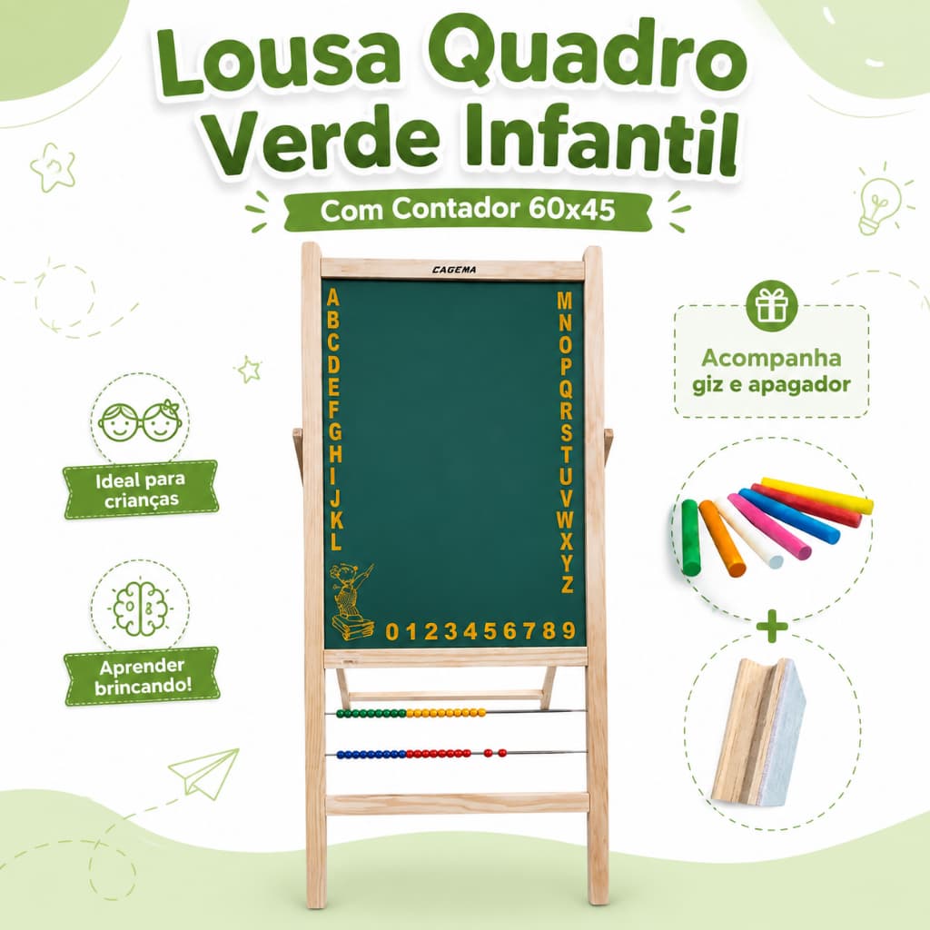 Lousa Quadro Verde Infantil 60x45 com Contador + Giz e Apagador Educativa
