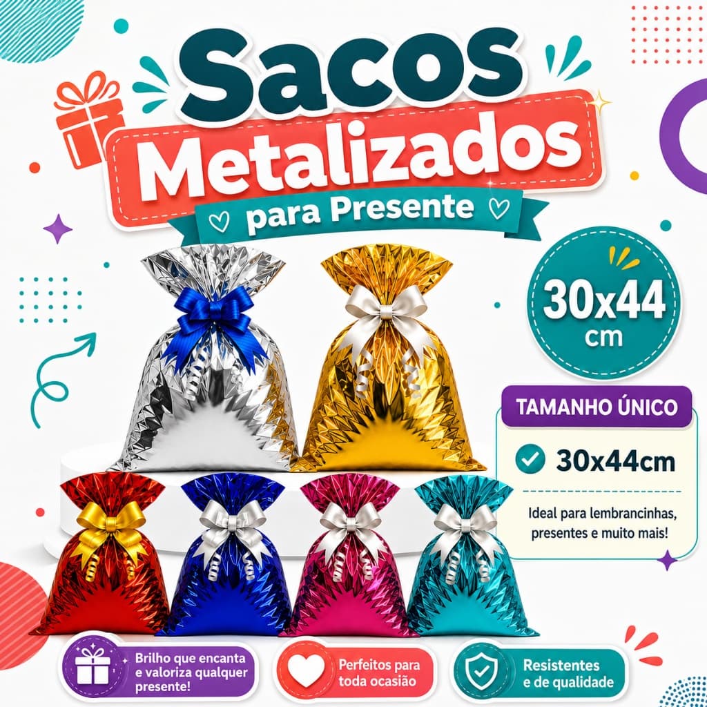 Kit 50un Sacos Metalizados Presente | 30x44cm | Escolha a cor | Embalagem Presente Médio e Grande Premium Luxo Brilho