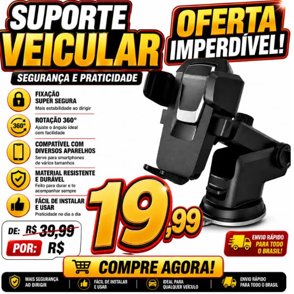 Suporte Celular Veicular Universal Trava Automática 360° Ventosa Ultra Forte