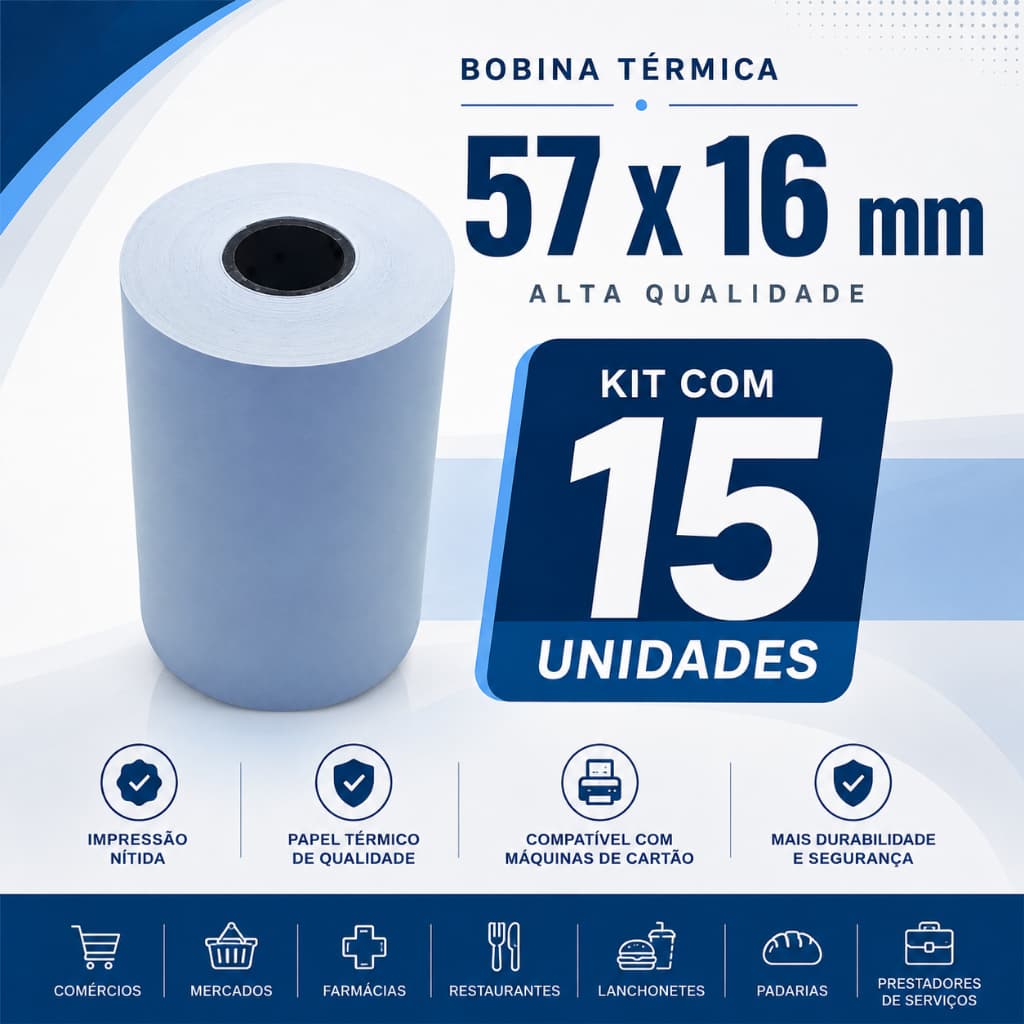 Kit 15 Bobinas Térmicas 57x16m para Mercado Pago Point Mini Point Smart Alta Qualidade