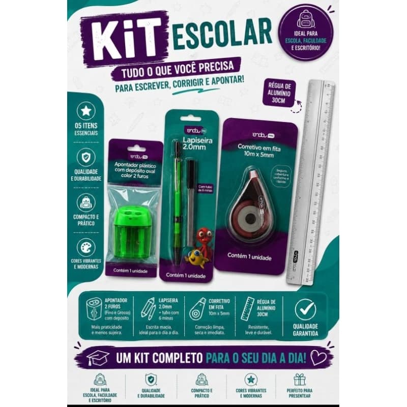 Kit Escolar Completo Lapiseira 2.0mm com Grafite + Apontador 2 Furos + Corretivo em Fita + Régua Alumínio 30cm
