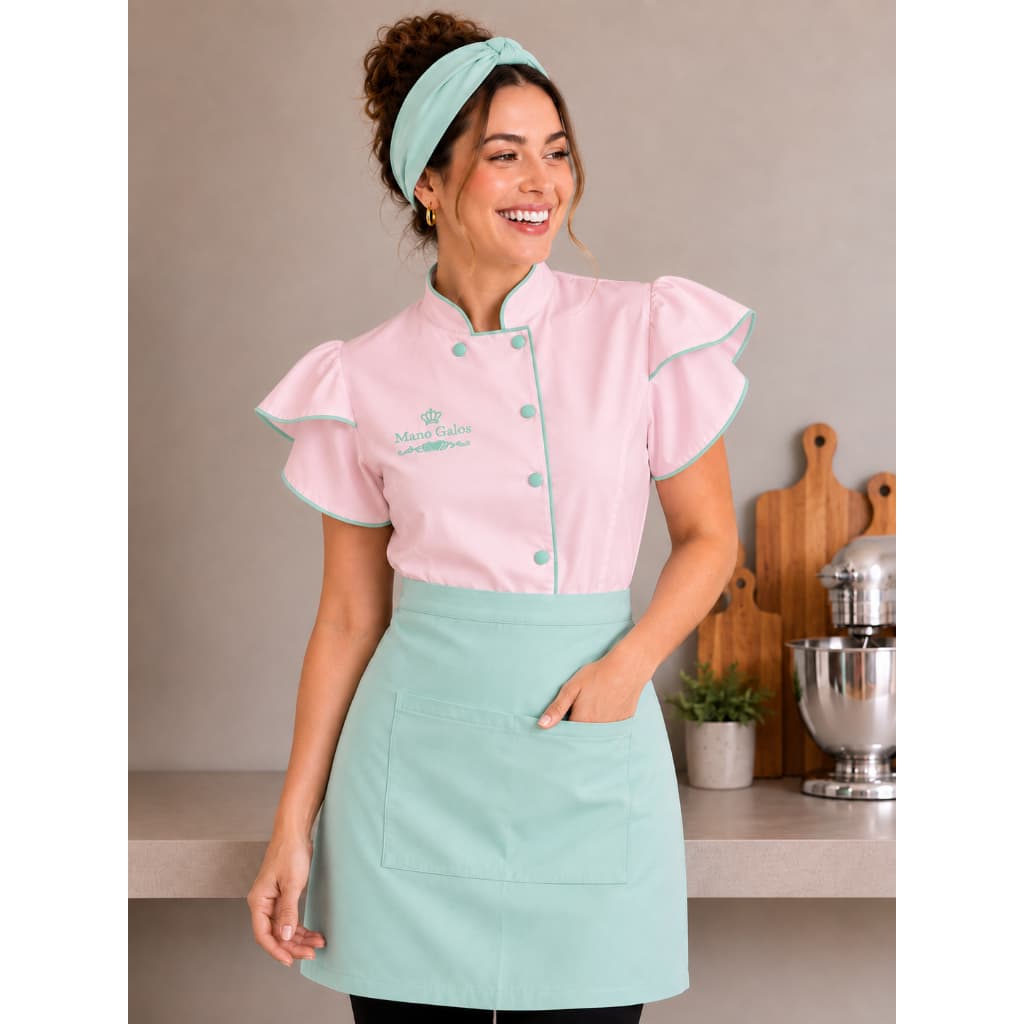 Nº 4 Kit Dolmã Princesa + Avental+ Faixa Chef Confeiteira Cozinha Gabardine Oxford Bordado | Uniforme Gastrônomia