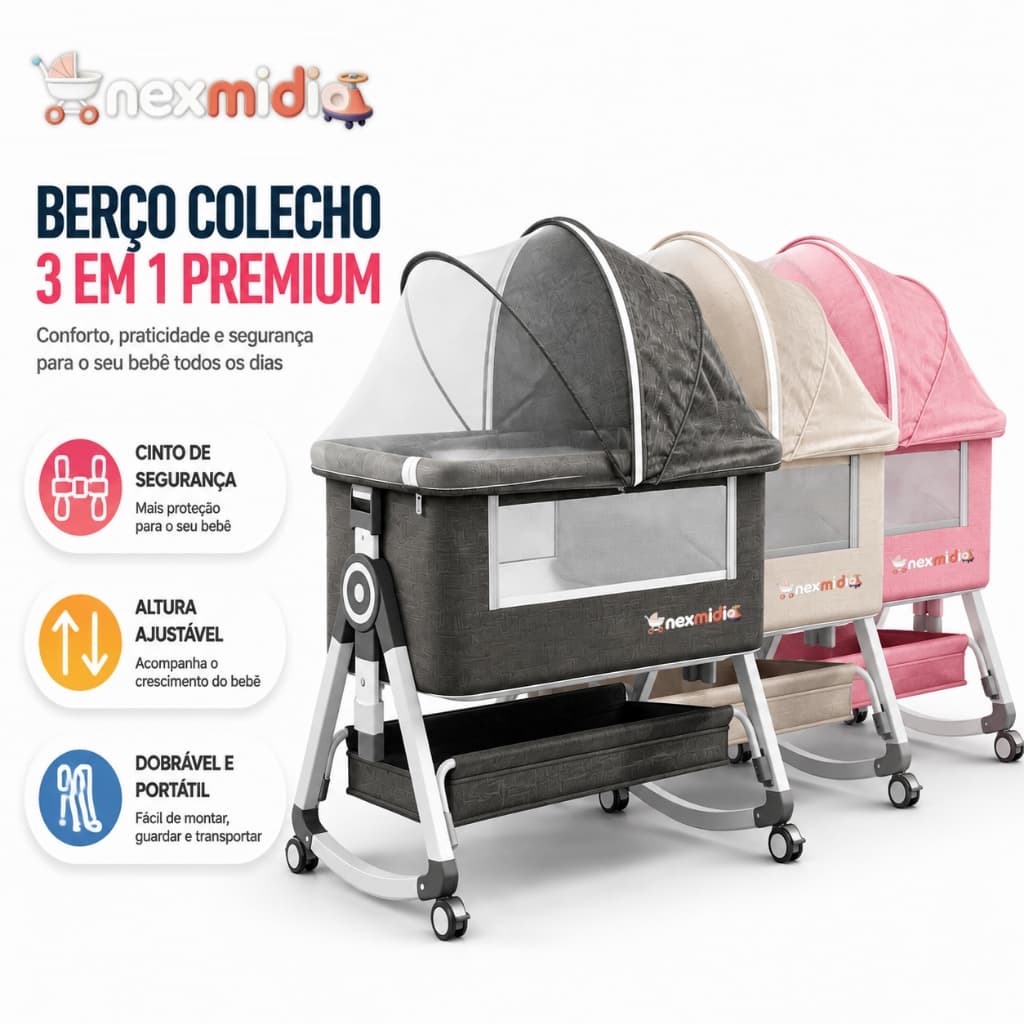 Berço de Bebê Portátil Berço Moises Portátil Co-Bed com Balanço Mosquiteiro Infantil Regulável com Trava de Segurança