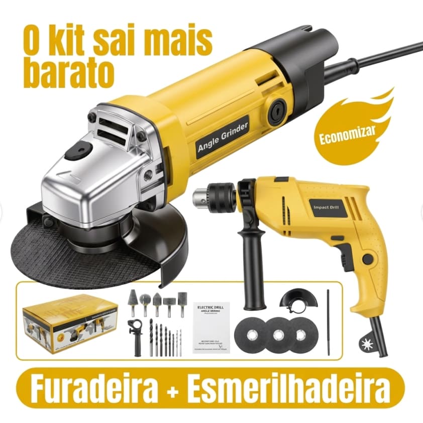 2-in-1 Kit: 950W Impact Drill + 950W Angle Grinder with Carrying Case and Accessories
