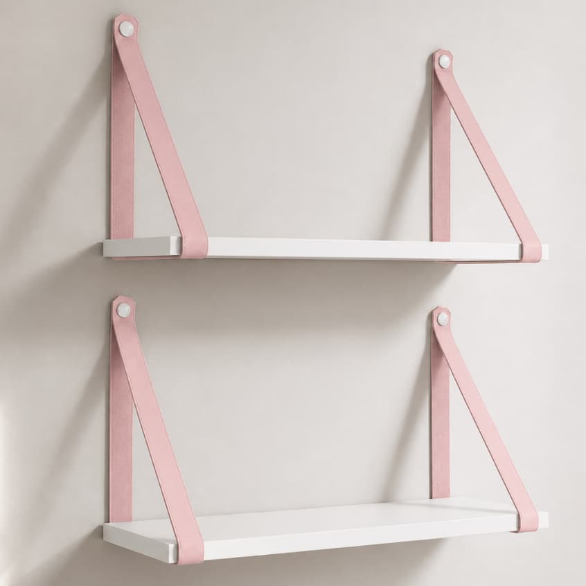 Kit 2 Prateleiras Branca Mdf 45x15 Suspensa Alça Couro Rosa Organizadora Quarto Infantil Menina Decoração Parede Nicho