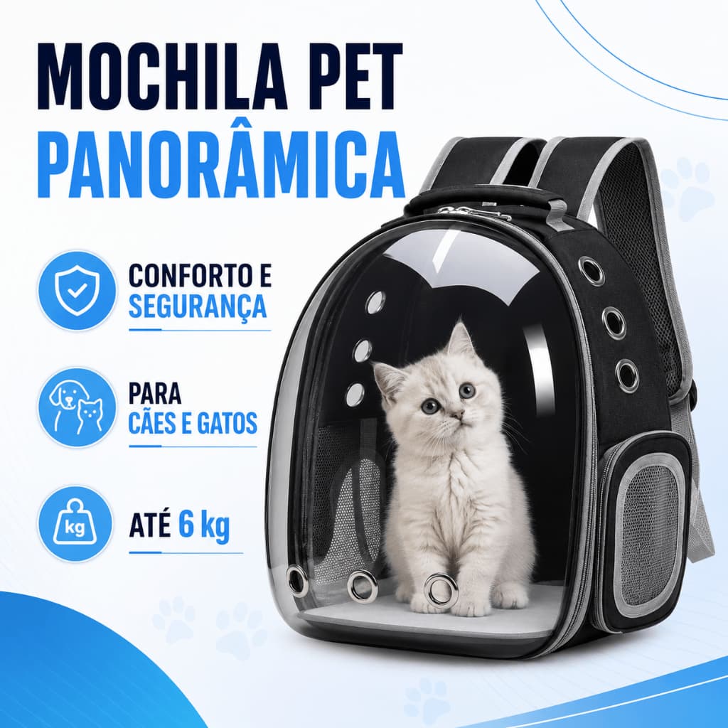 Mochila de Transporte Pet Preta para Cães e Gatos até 6kg com Visor Transparente e Ventilação