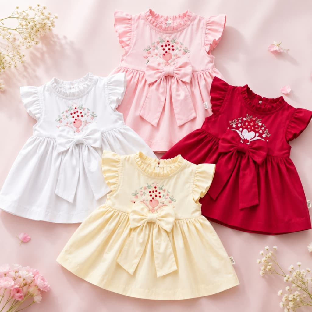 Vestido Bordado Com Detalhe em Laço Para Bebes Vestidinho Delicado Tecido Confortável Para Meninas