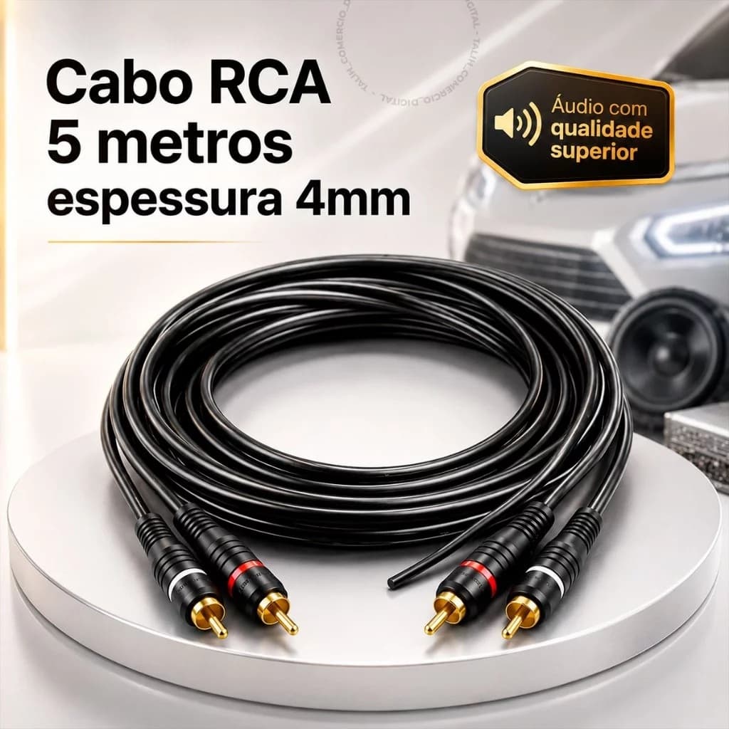 Cabo RCA Ouro Espessura 4 Milímetros 5 Metros Conector Ouro Para Módulo Caixa Player Áudio Som Automotivo Acessório
