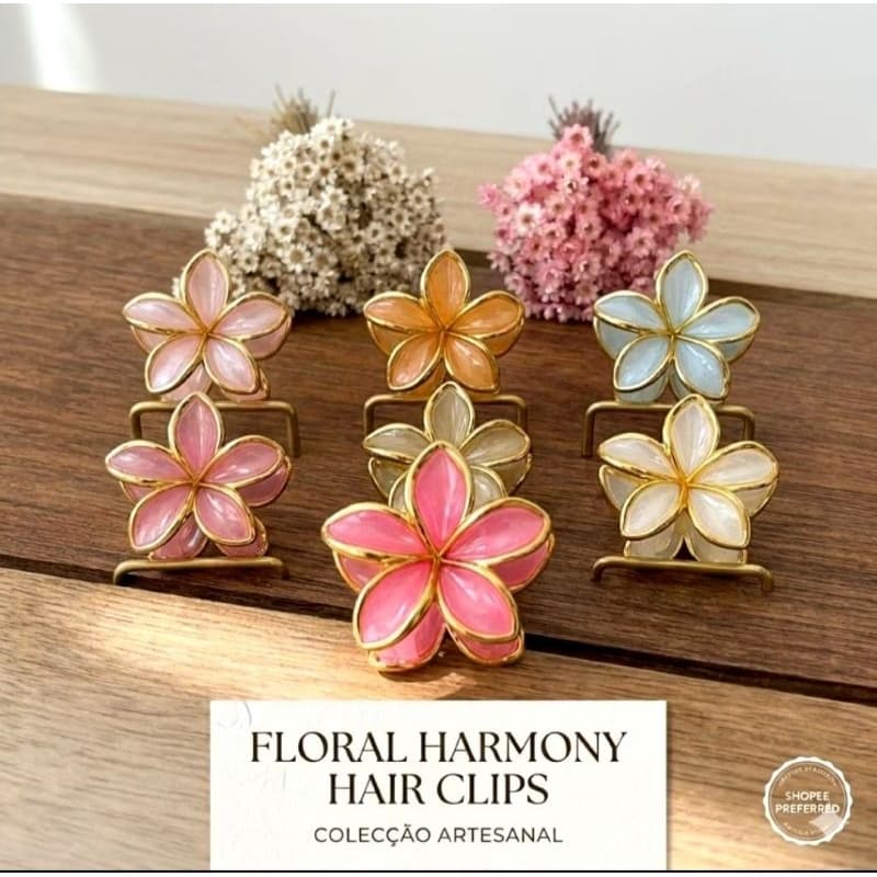 Kit 2 Presilha de Cabelo Flor Esmaltada com Bordas Dourada