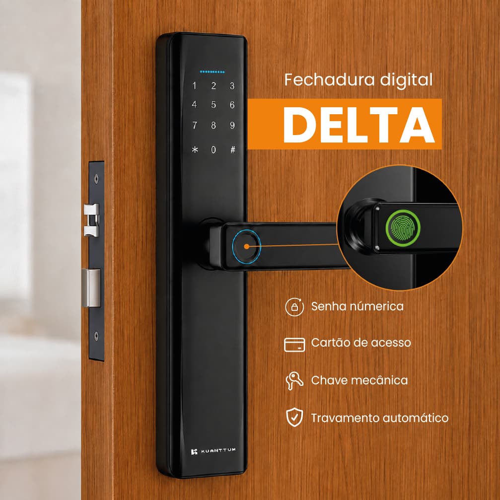 Fechadura Digital Kuanttum Delta Embutir Biometria Senha Tag RFID IP44 Touch Porta Madeira Stand Alone Alumínio