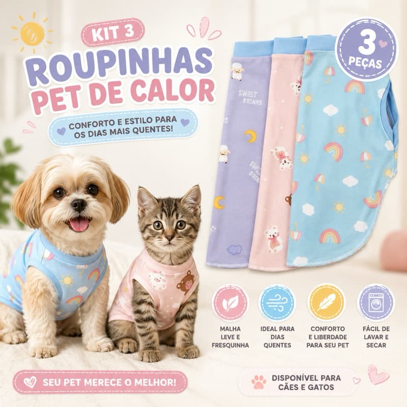 Kit com 3 Roupinhas Pet para os dias quentes - roupa pet de verão.