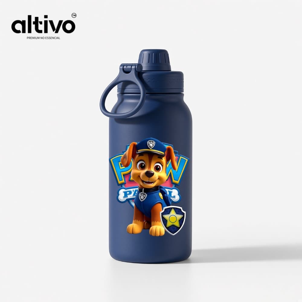 Garrafa Térmica Infantil Chase Patrulha Canina Policial 350ML com Tampa Rosqueável e Alça em Aço Inoxidável