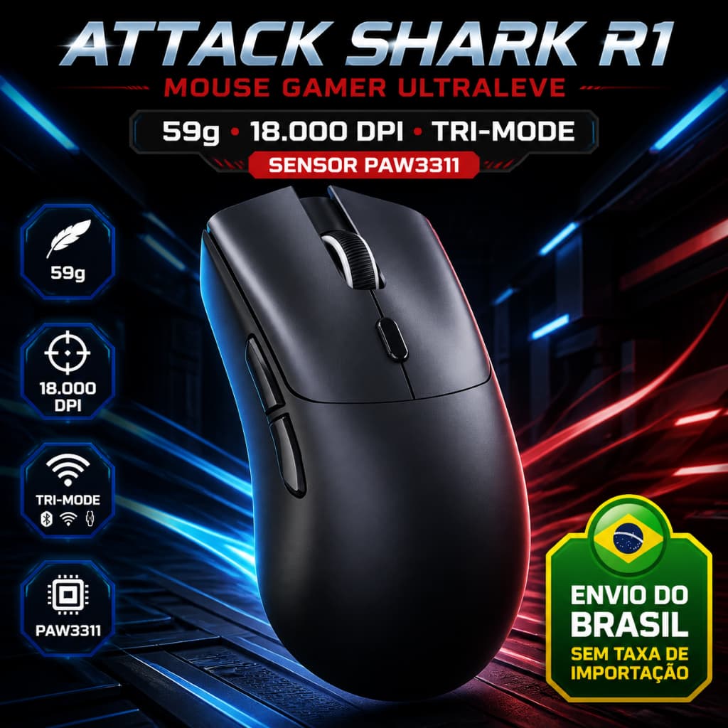 Mouse Gamer Attack Shark R1 Tri-Mode (USB/2.4G/Bluetooth) Sensor PAW3311 59g 6 Botões DPI Ajustável RGB Recarregável